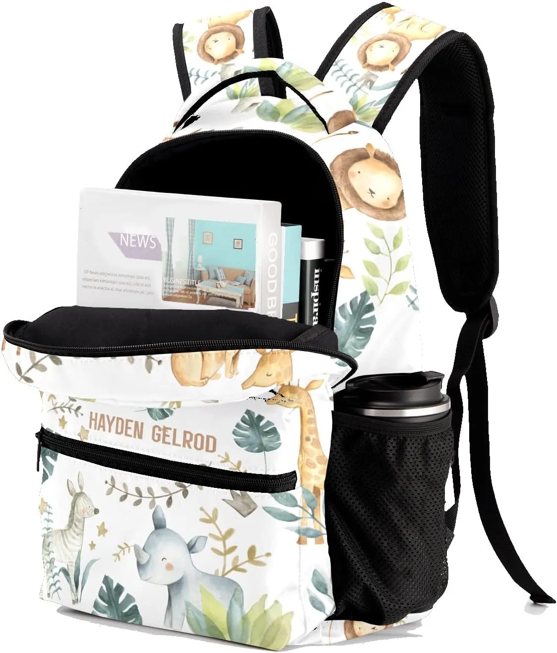 Custom Kid Backpack, Jungle Animals Safari Leaves Personalized School Bookbag with Your Own Name, Customization Casual Bookbags for Student Girls Boys