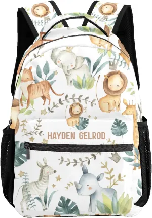 Custom Kid Backpack, Jungle Animals Safari Leaves Personalized School Bookbag with Your Own Name, Customization Casual Bookbags for Student Girls Boys