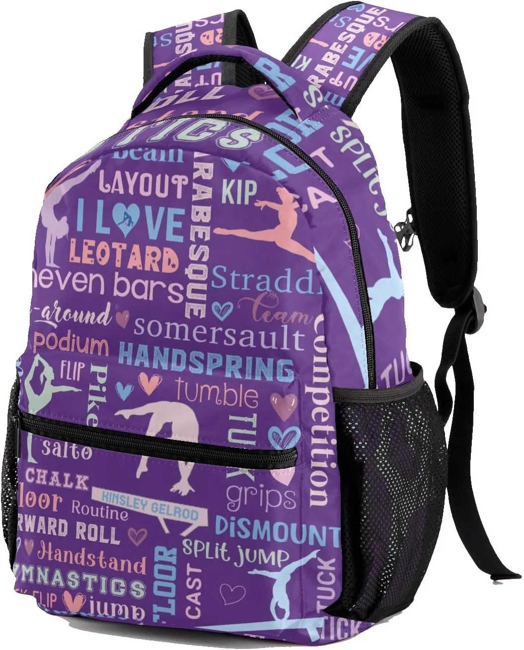 Custom Kid Backpack, Lettering Word Gymnast Pinkish Purple Personalized School Bookbag with Your Own Name, Customization Casual Bookbags for Student Girls Boys