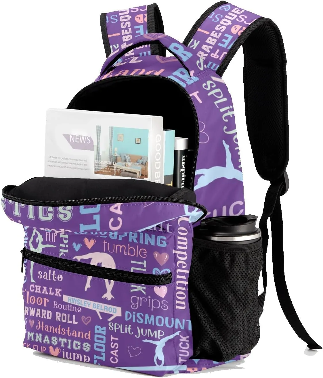 Custom Kid Backpack, Lettering Word Gymnast Pinkish Purple Personalized School Bookbag with Your Own Name, Customization Casual Bookbags for Student Girls Boys