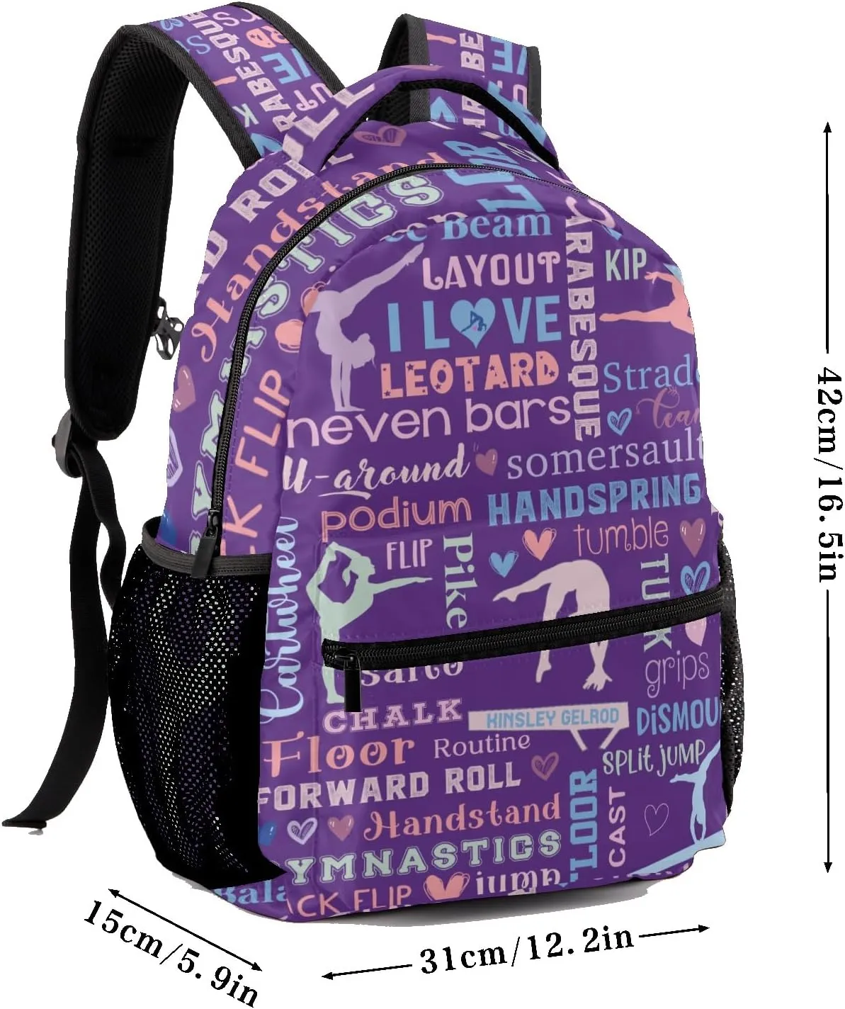 Custom Kid Backpack, Lettering Word Gymnast Pinkish Purple Personalized School Bookbag with Your Own Name, Customization Casual Bookbags for Student Girls Boys