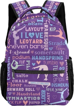 Custom Kid Backpack, Lettering Word Gymnast Pinkish Purple Personalized School Bookbag with Your Own Name, Customization Casual Bookbags for Student Girls Boys