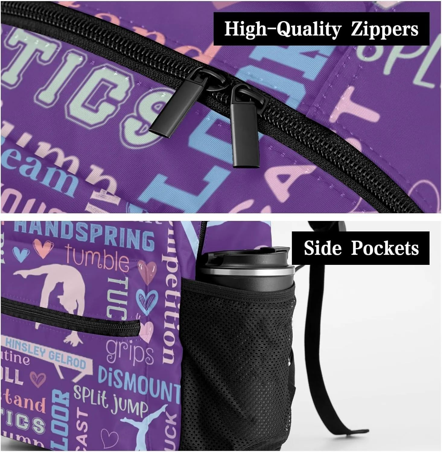 Custom Kid Backpack, Lettering Word Gymnast Pinkish Purple Personalized School Bookbag with Your Own Name, Customization Casual Bookbags for Student Girls Boys