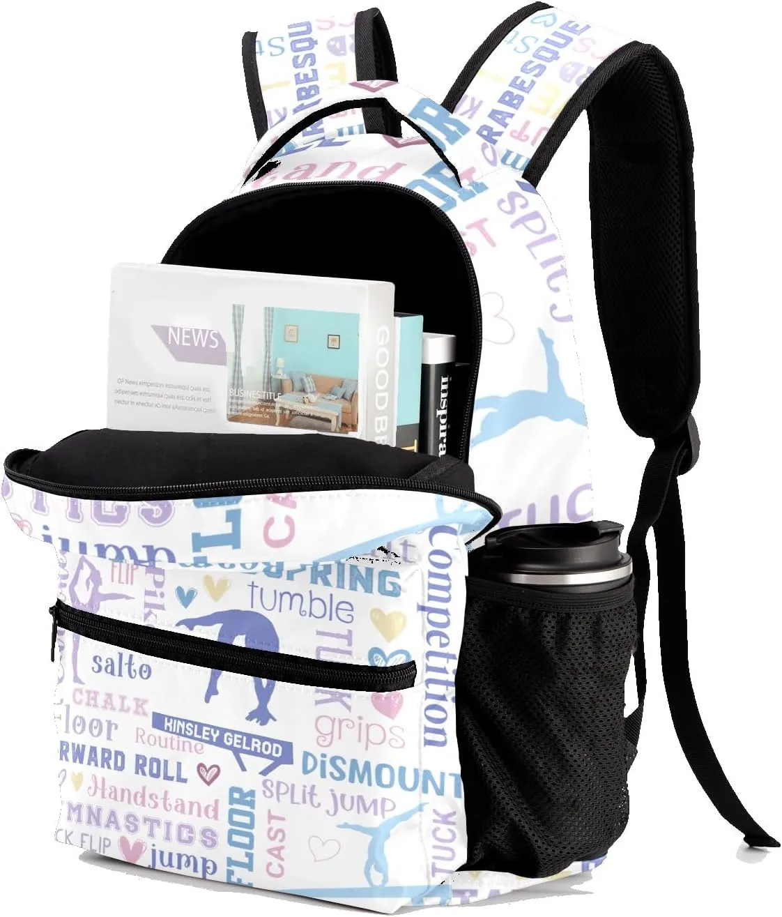 Custom Kid Backpack, Sport Athlete Girl Gymnastics Violet Pink Personalized School Bookbag with Your Own Name, Customization Casual Bookbags for Student Girls Boys