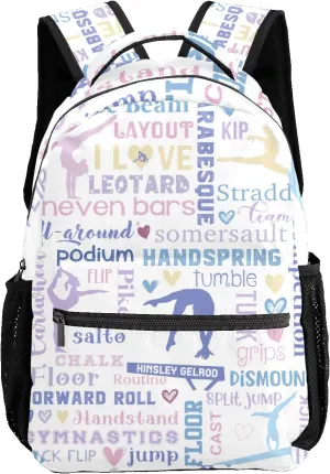 Custom Kid Backpack, Sport Athlete Girl Gymnastics Violet Pink Personalized School Bookbag with Your Own Name, Customization Casual Bookbags for Student Girls Boys