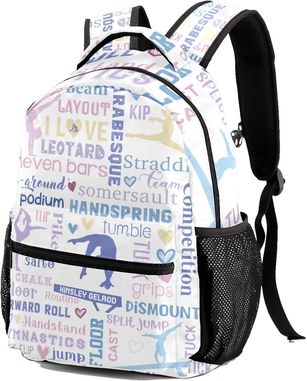Custom Kid Backpack, Sport Athlete Girl Gymnastics Violet Pink Personalized School Bookbag with Your Own Name, Customization Casual Bookbags for Student Girls Boys
