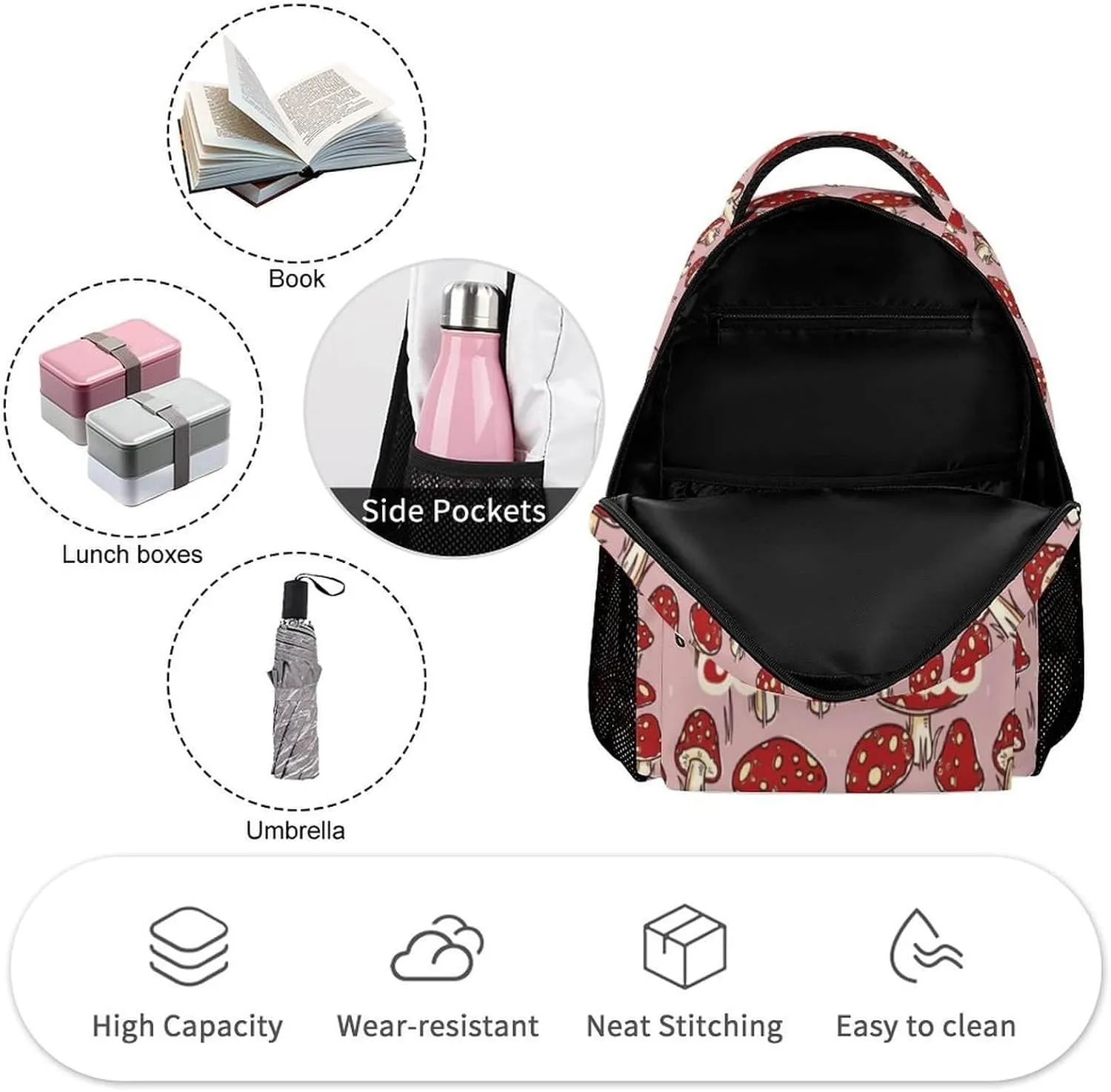 Custom Mushroom Backpack for Kids Girls Boys School, 16 Inches Cute Mushroom Theme Bookbag, Adjustable, Lightweight, Large Capacity, Colorful Mushroom Backpack for School