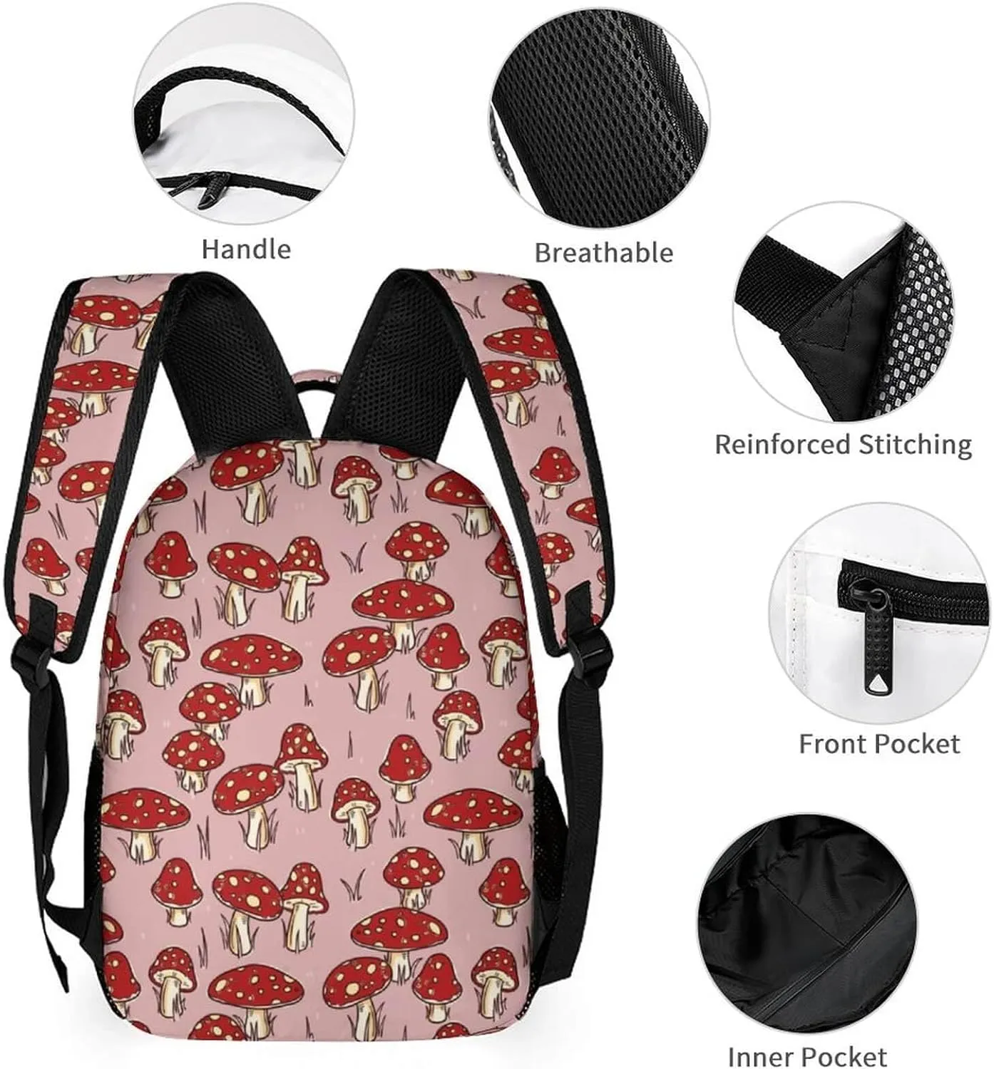 Custom Mushroom Backpack for Kids Girls Boys School, 16 Inches Cute Mushroom Theme Bookbag, Adjustable, Lightweight, Large Capacity, Colorful Mushroom Backpack for School