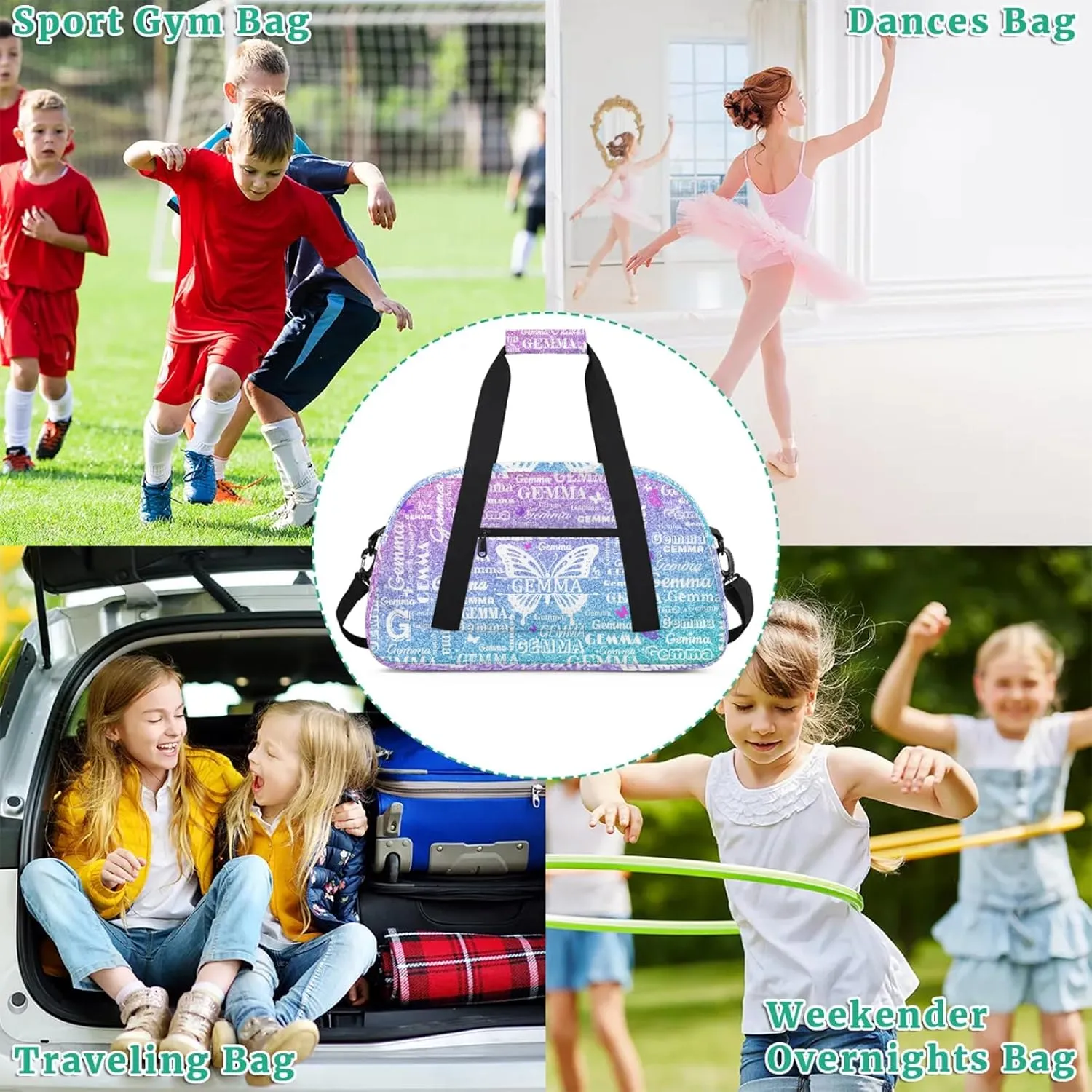 Custom Sport Duffel Bag with Name Butterfly Travel Overnight Bag for Women Men Waterproof Dance Ballet Bag Lightweight 18.9in, Gradient Blue