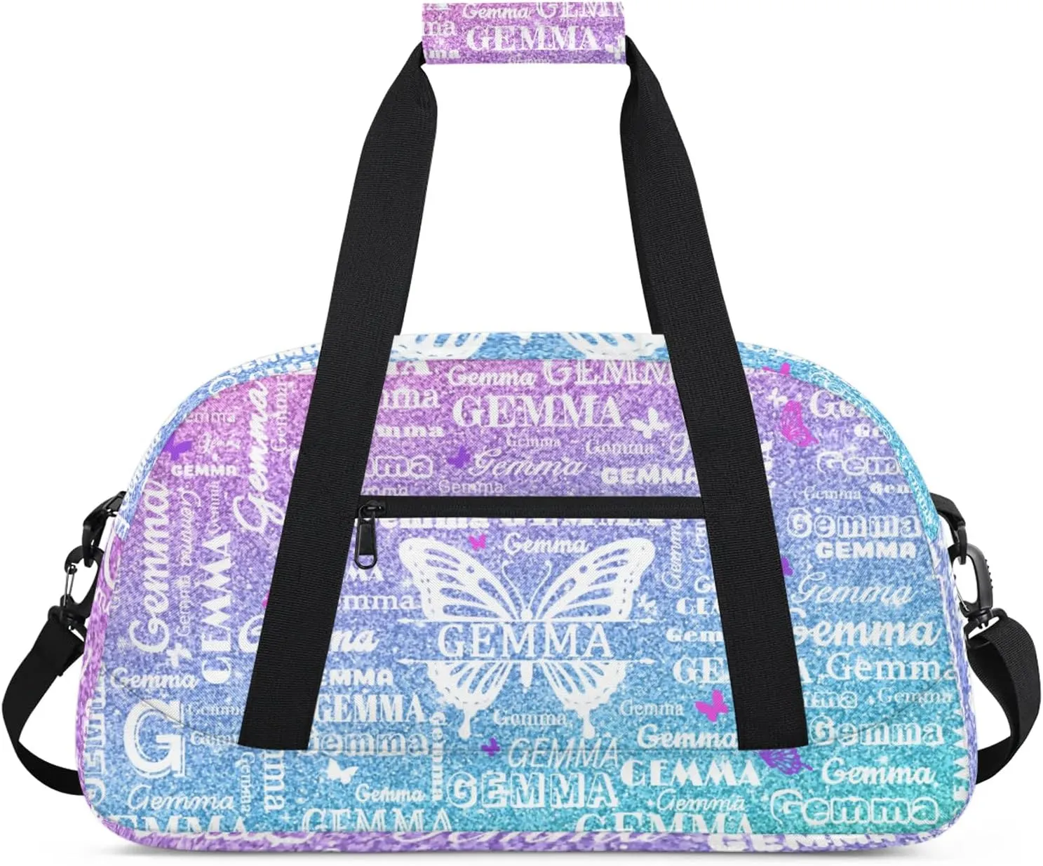 Custom Sport Duffel Bag with Name Butterfly Travel Overnight Bag for Women Men Waterproof Dance Ballet Bag Lightweight 18.9in, Gradient Blue