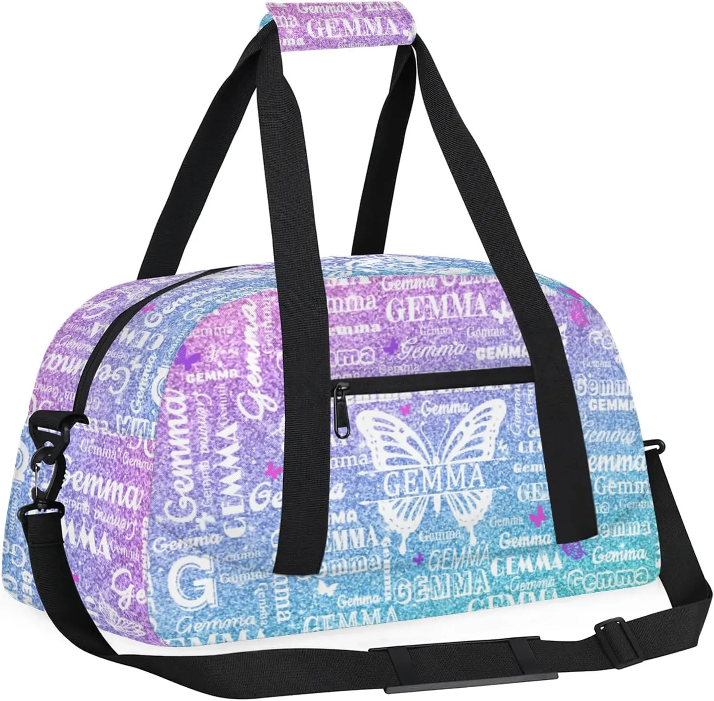 Custom Sport Duffel Bag with Name Butterfly Travel Overnight Bag for Women Men Waterproof Dance Ballet Bag Lightweight 18.9in, Gradient Blue