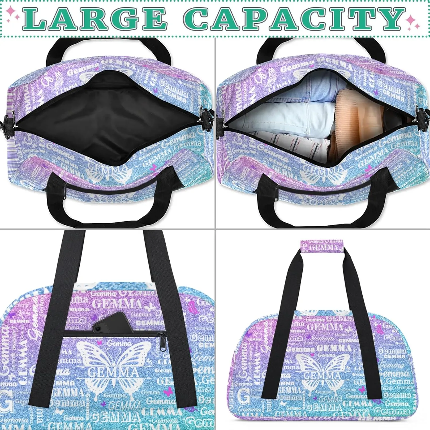 Custom Sport Duffel Bag with Name Butterfly Travel Overnight Bag for Women Men Waterproof Dance Ballet Bag Lightweight 18.9in, Gradient Blue