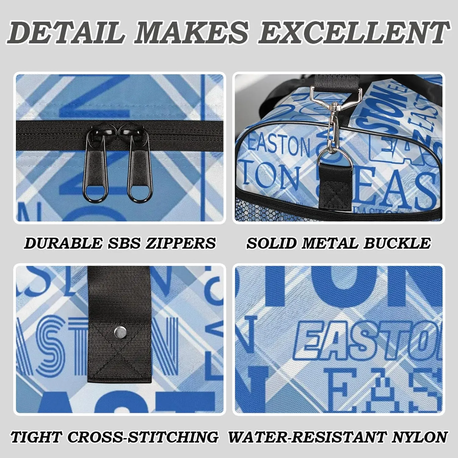 Custom Sport Gym Duffel Bag with Name Personalized Travel Overnight Bag Waterproof Customized Dance Bag Carry-On Tote 17.4in, Blue Checked