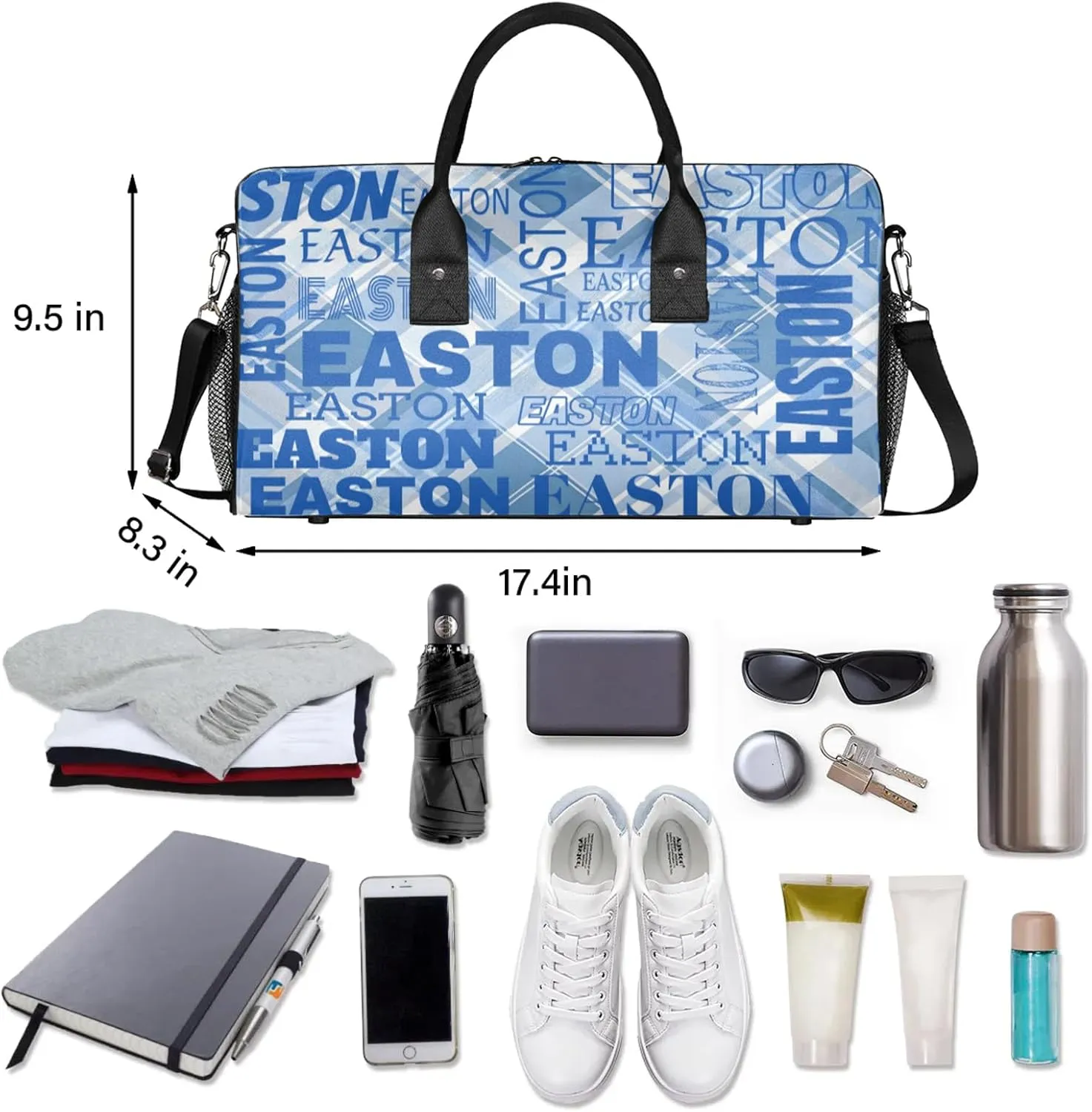 Custom Sport Gym Duffel Bag with Name Personalized Travel Overnight Bag Waterproof Customized Dance Bag Carry-On Tote 17.4in, Blue Checked