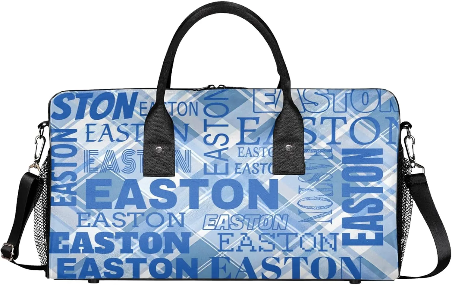 Custom Sport Gym Duffel Bag with Name Personalized Travel Overnight Bag Waterproof Customized Dance Bag Carry-On Tote 17.4in, Blue Checked
