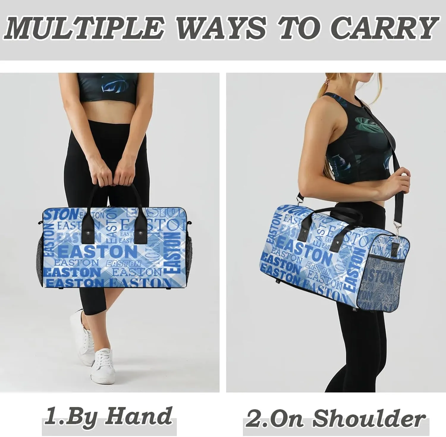 Custom Sport Gym Duffel Bag with Name Personalized Travel Overnight Bag Waterproof Customized Dance Bag Carry-On Tote 17.4in, Blue Checked