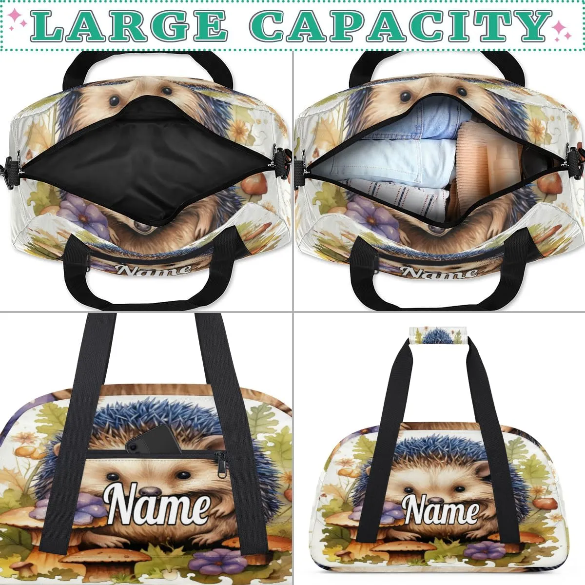 Cute Baby Hedgehog Personalized Kids Gym Bag Custom Name Sport Duffel Bag Dance Ballet Bag for Girls Practice Workout Bag