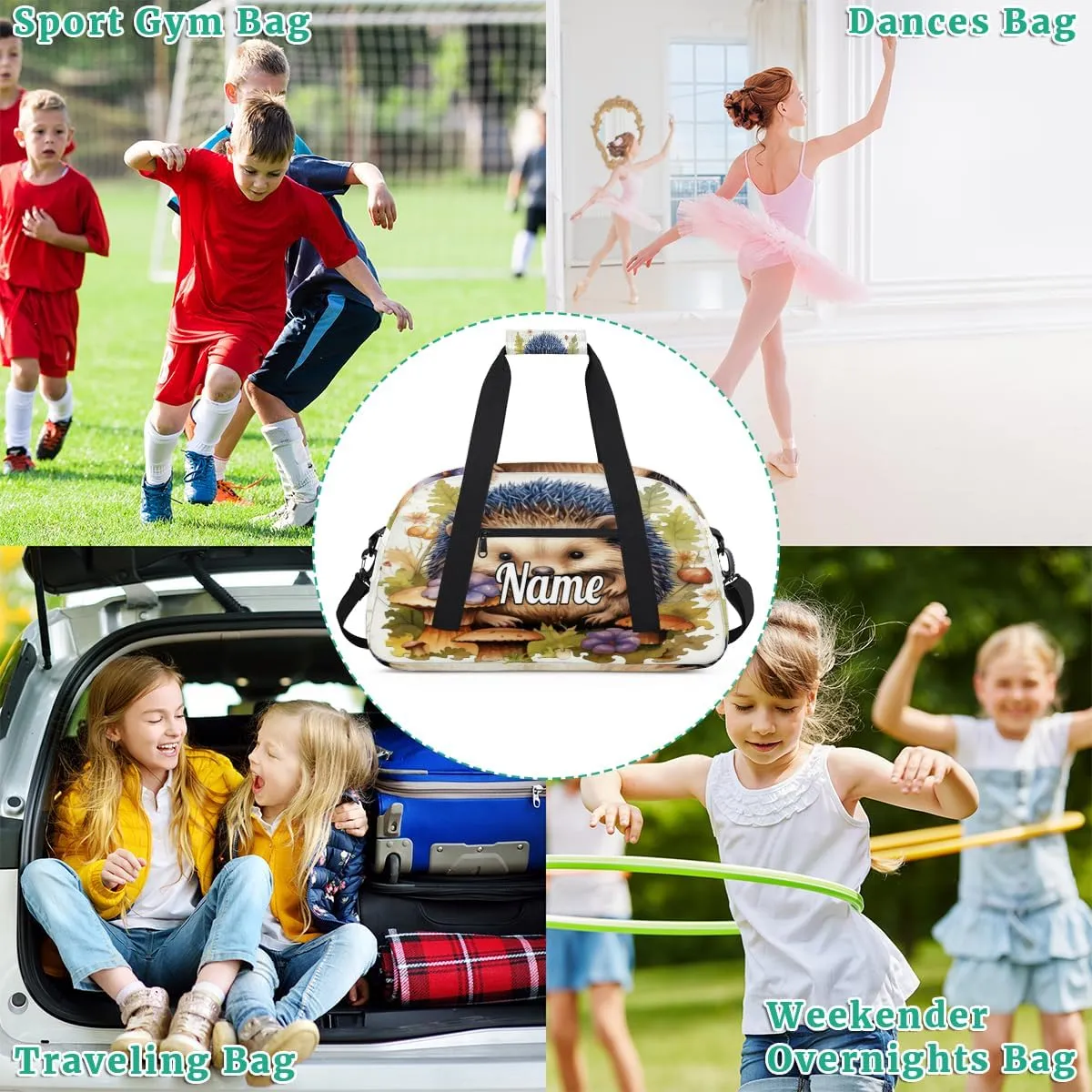 Cute Baby Hedgehog Personalized Kids Gym Bag Custom Name Sport Duffel Bag Dance Ballet Bag for Girls Practice Workout Bag