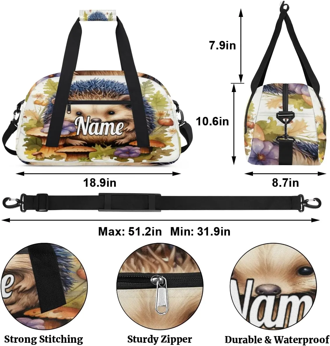 Cute Baby Hedgehog Personalized Kids Gym Bag Custom Name Sport Duffel Bag Dance Ballet Bag for Girls Practice Workout Bag