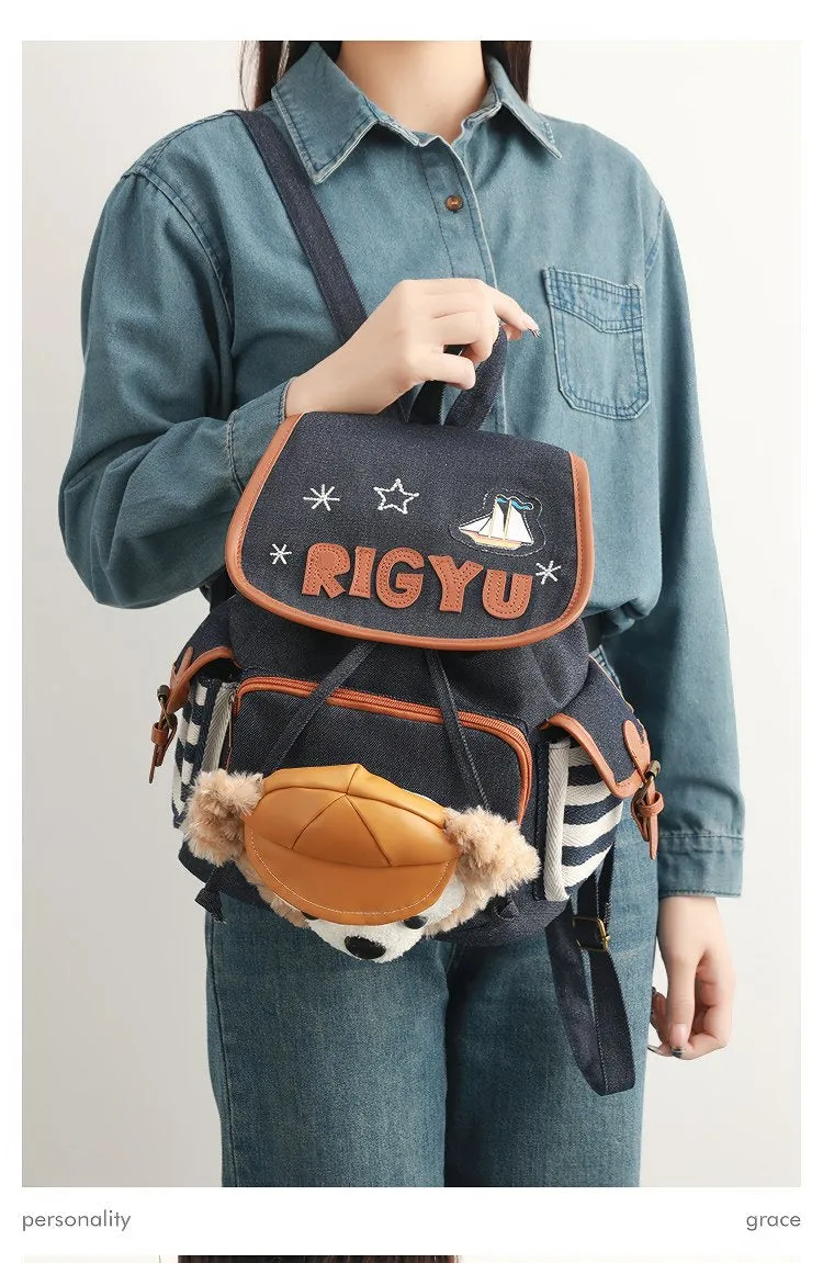 Cute Blue and White Striped Duffy Plush Face Pocket Embroidered Schoolbag