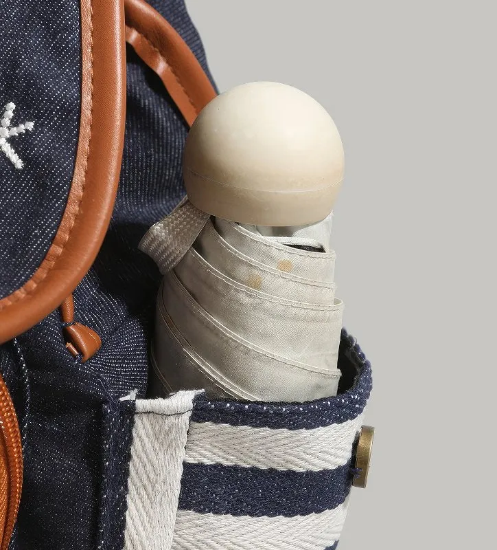 Cute Blue and White Striped Duffy Plush Face Pocket Embroidered Schoolbag