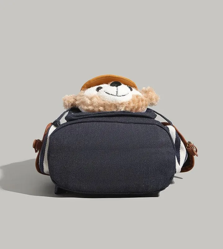 Cute Blue and White Striped Duffy Plush Face Pocket Embroidered Schoolbag