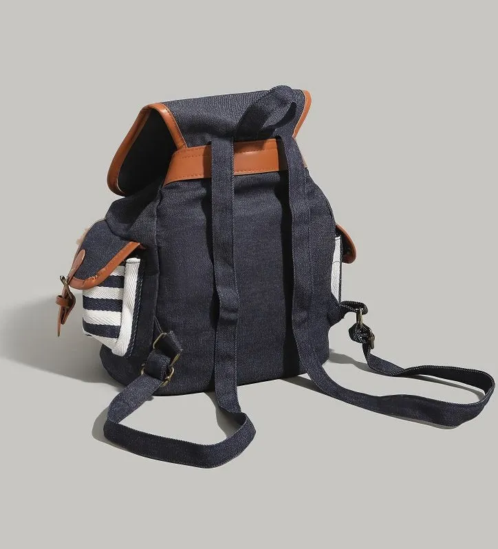 Cute Blue and White Striped Duffy Plush Face Pocket Embroidered Schoolbag