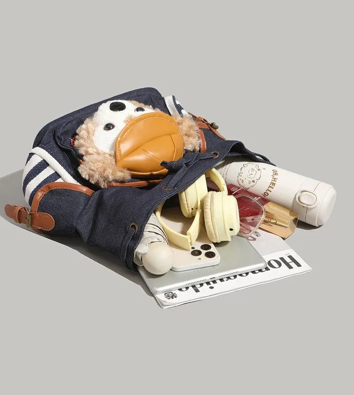 Cute Blue and White Striped Duffy Plush Face Pocket Embroidered Schoolbag