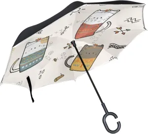 Cute Cat Kitten Reverse Inverted Inside Out Umbrella Cars Unigue Windproof UV Proof Double Layer for Women