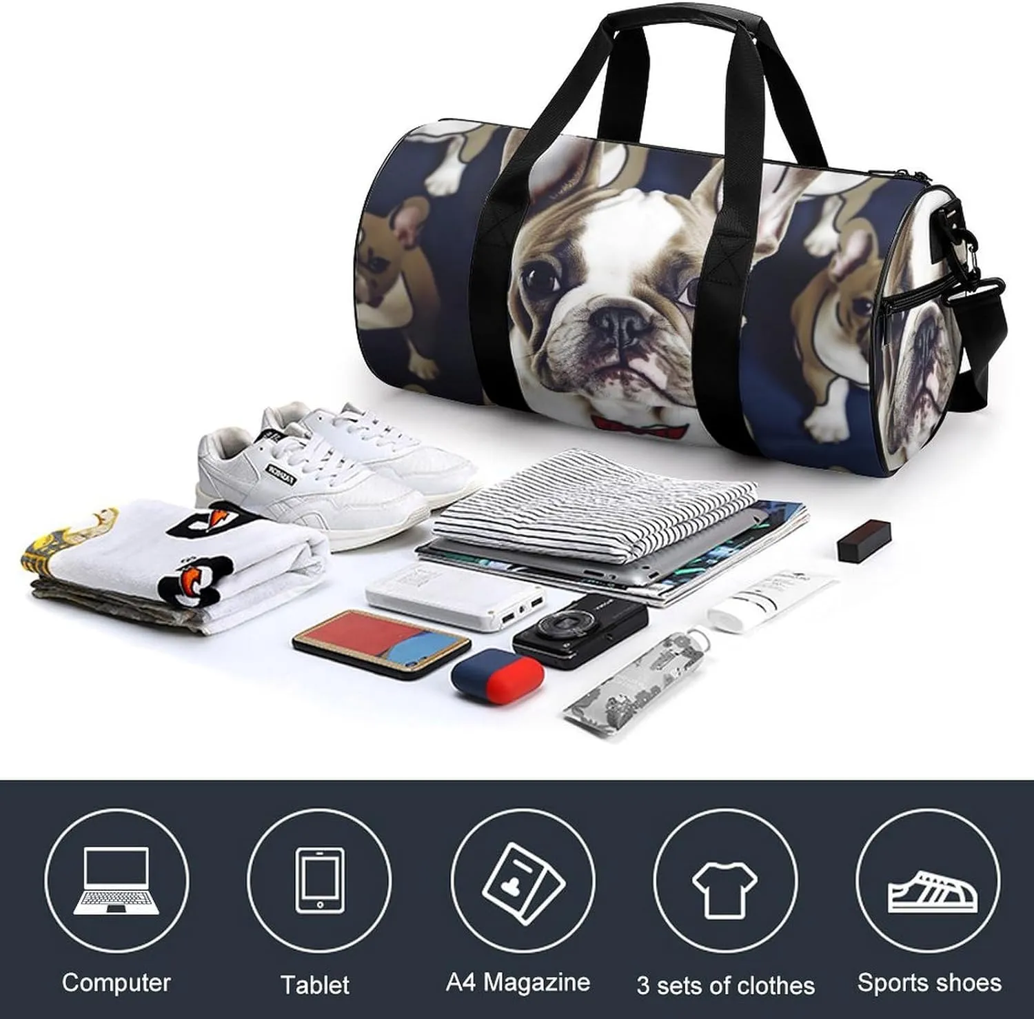 Cute French Bulldog Gym Bag Small Travel Duffle Bag with Compartment Carry On Weekender Bag for Women Men