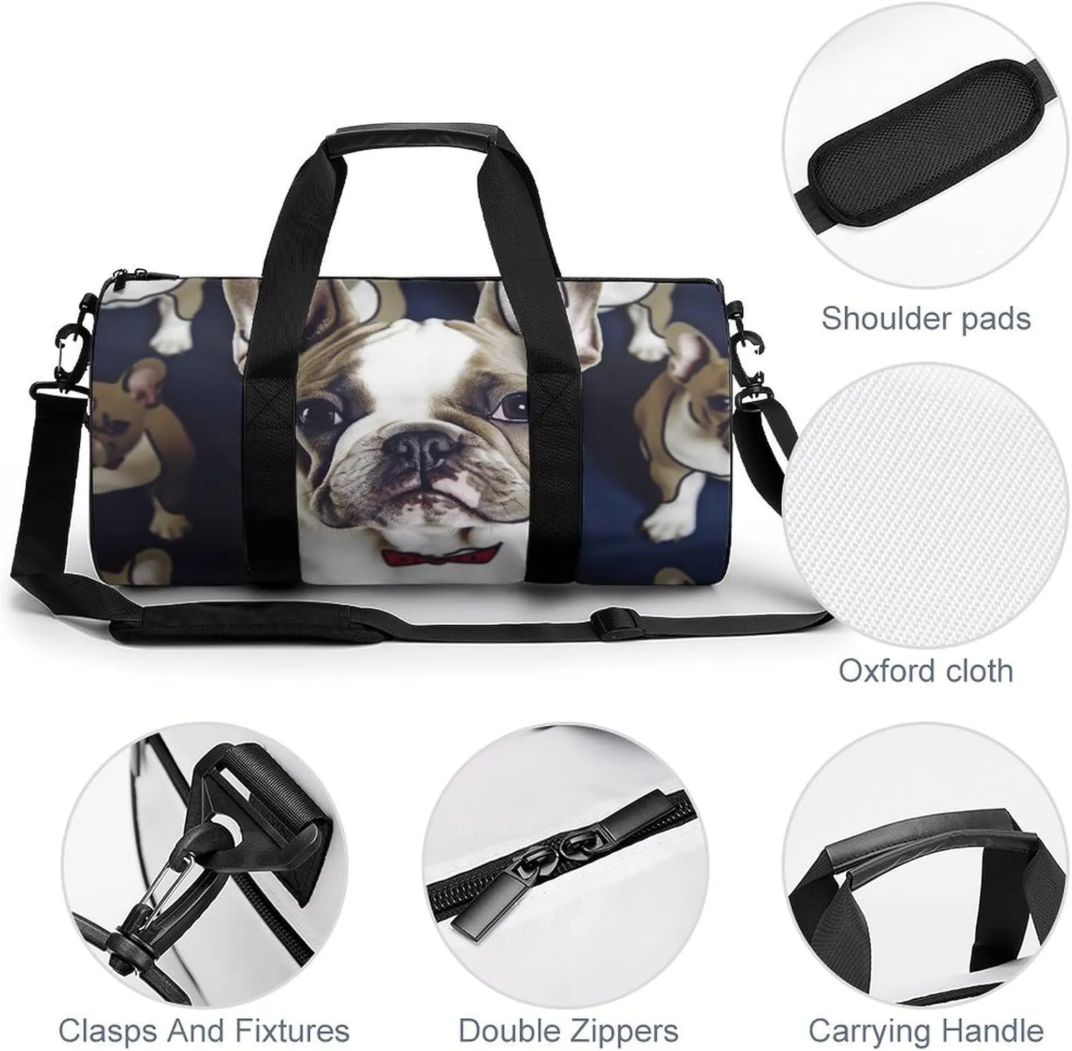 Cute French Bulldog Gym Bag Small Travel Duffle Bag with Compartment Carry On Weekender Bag for Women Men