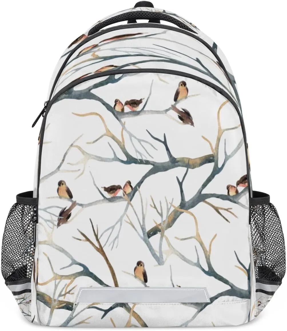 Cute Sparrows Backpack with Reflective Strip, Branches Lightweight Backpack Travel Bag Casual Daypack Laptop Bag