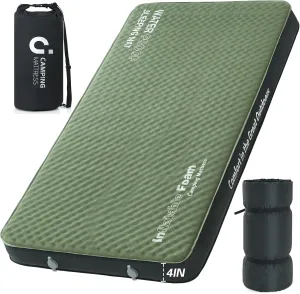 CYMULA Self Inflating Double Sleeping Pad, 4in Ultra-Thick Foam Camping Mattress 2 Person with Air Pump Sack Floor Bed for Adults Inflatable Sleeping Mat Camping Essentials for Travel, Army Green