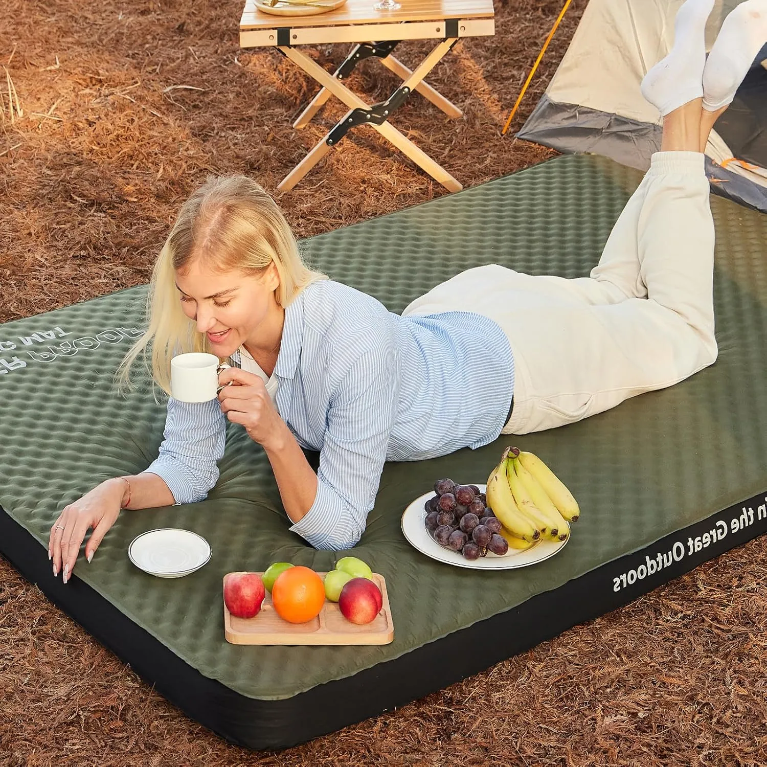 CYMULA Self Inflating Double Sleeping Pad, 4in Ultra-Thick Foam Camping Mattress 2 Person with Air Pump Sack Floor Bed for Adults Inflatable Sleeping Mat Camping Essentials for Travel, Army Green