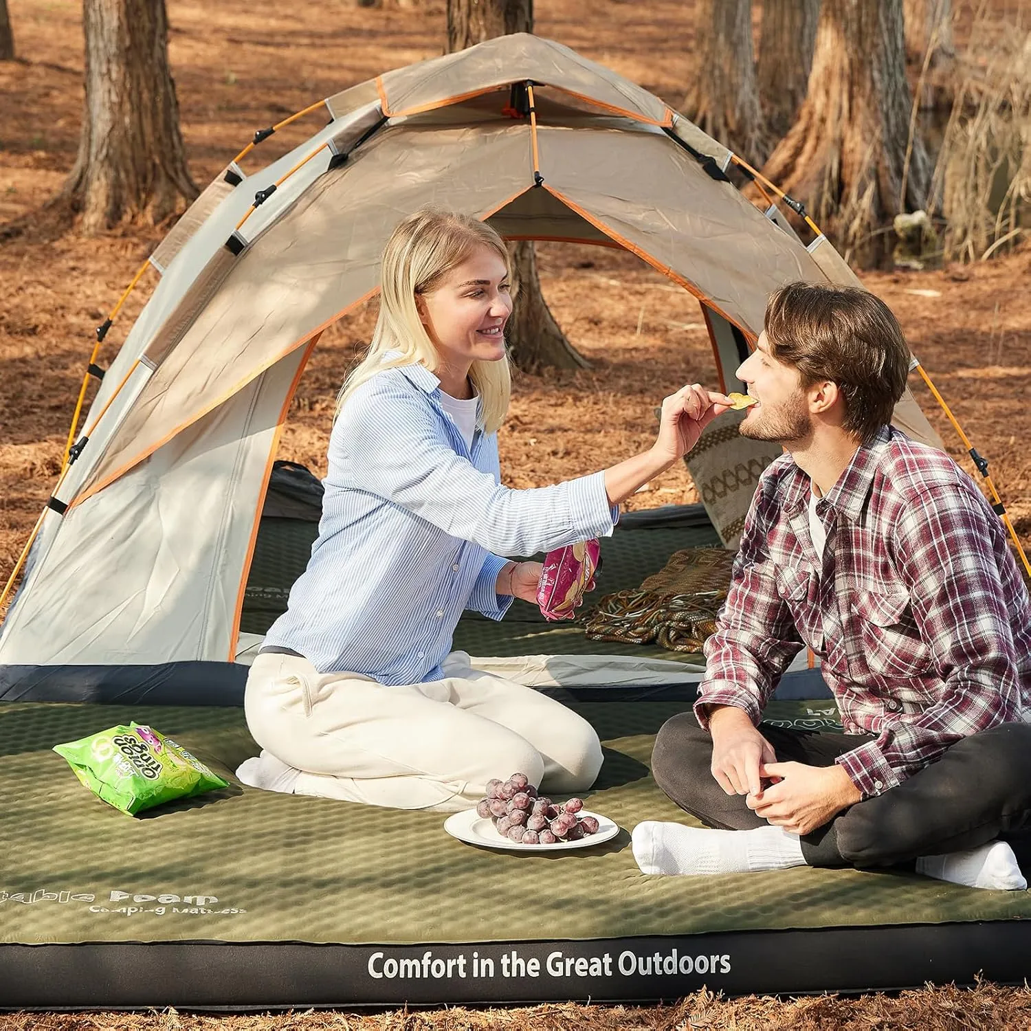 CYMULA Self Inflating Double Sleeping Pad, 4in Ultra-Thick Foam Camping Mattress 2 Person with Air Pump Sack Floor Bed for Adults Inflatable Sleeping Mat Camping Essentials for Travel, Army Green