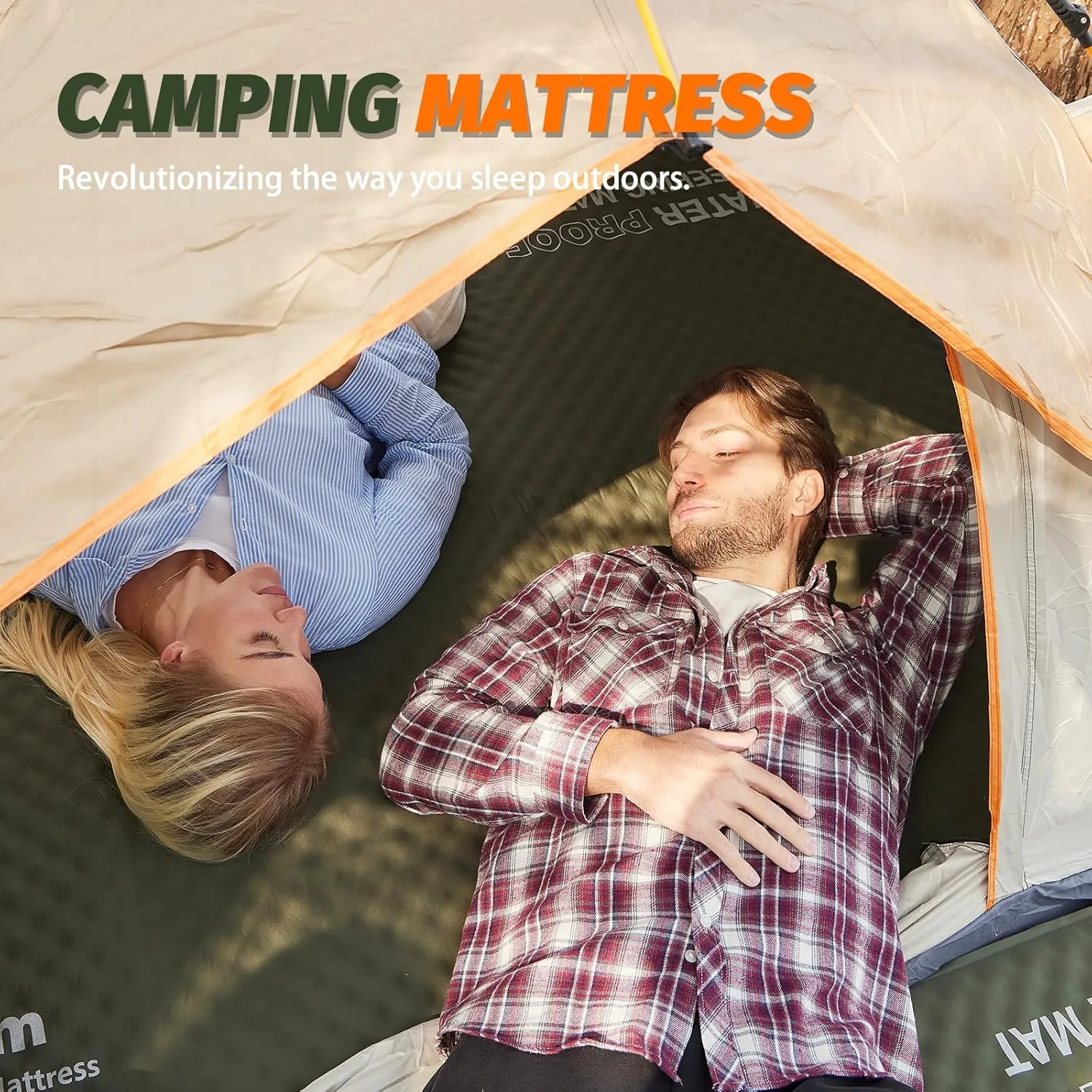 CYMULA Self Inflating Double Sleeping Pad, 4in Ultra-Thick Foam Camping Mattress 2 Person with Air Pump Sack Floor Bed for Adults Inflatable Sleeping Mat Camping Essentials for Travel, Army Green