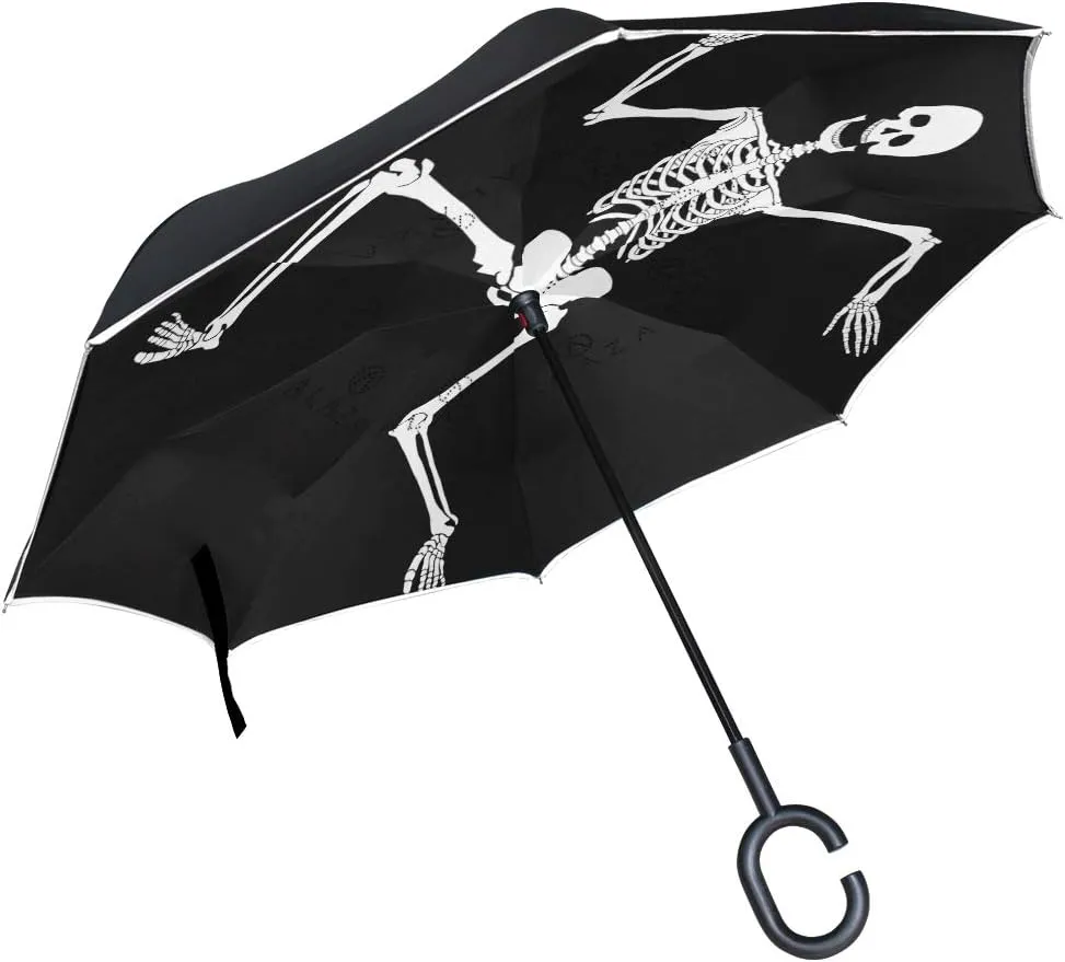 Dancing Skeleton Reverse Inverted Inside Out Umbrella Cars Unigue Windproof UV Proof Double Layer for Women