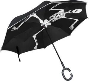 Dancing Skeleton Reverse Inverted Inside Out Umbrella Cars Unigue Windproof UV Proof Double Layer for Women
