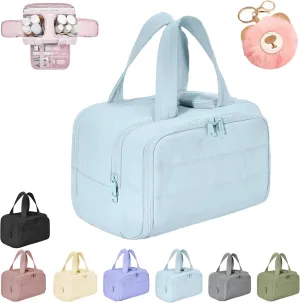 Decisive Makeup Bag, Elouva Toiletry Bag, Large Capacity Wide-Open Travel Cosmetic Bag, Lightweight Waterproof Puffer Storage Bag, Dry-and-Wet Separation with 4 Compartments for Easy Access (Blue)