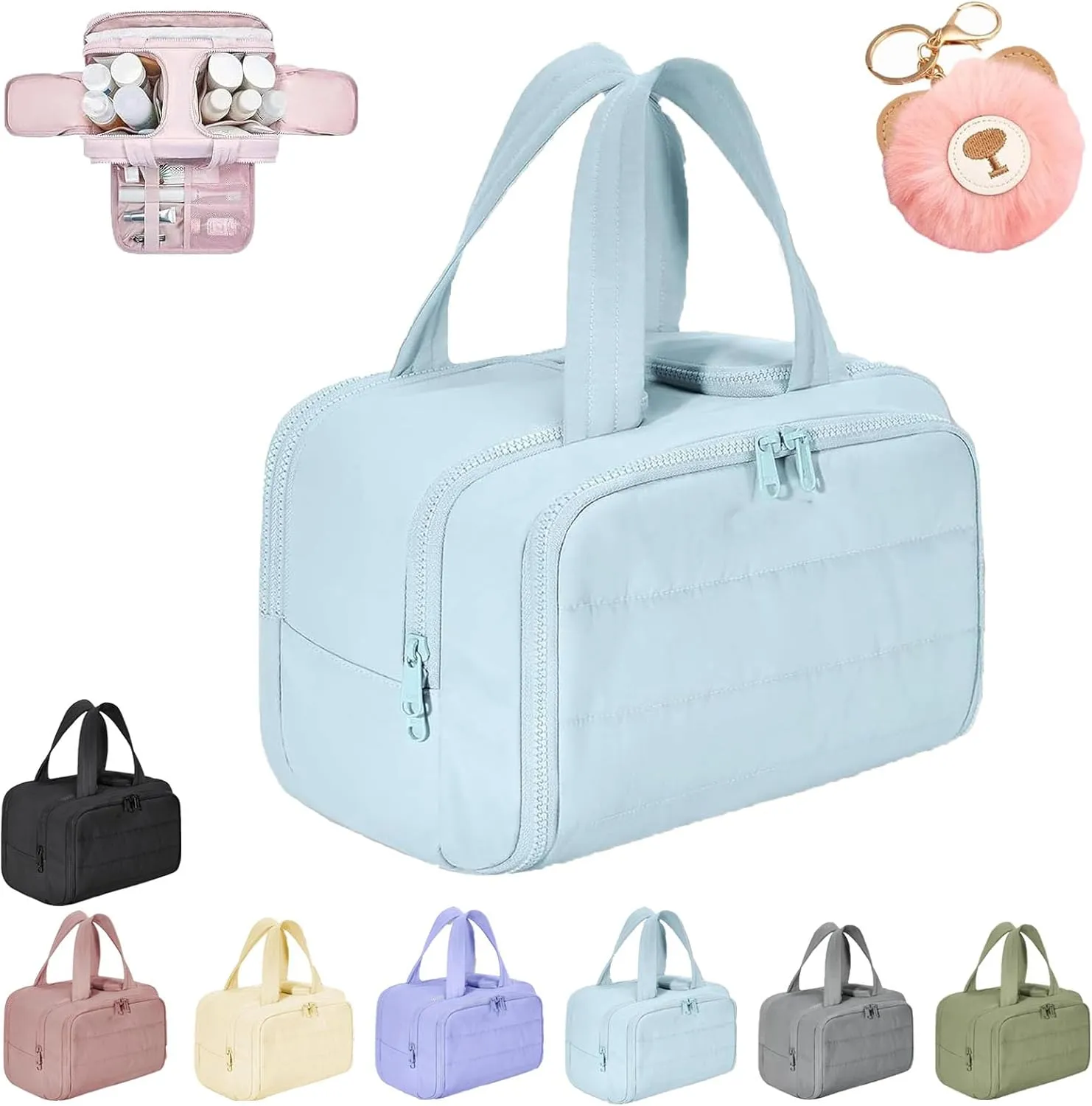 Decisive Makeup Bag, Elouva Toiletry Bag, Large Capacity Wide-Open Travel Cosmetic Bag, Lightweight Waterproof Puffer Storage Bag, Dry-and-Wet Separation with 4 Compartments for Easy Access (Blue)