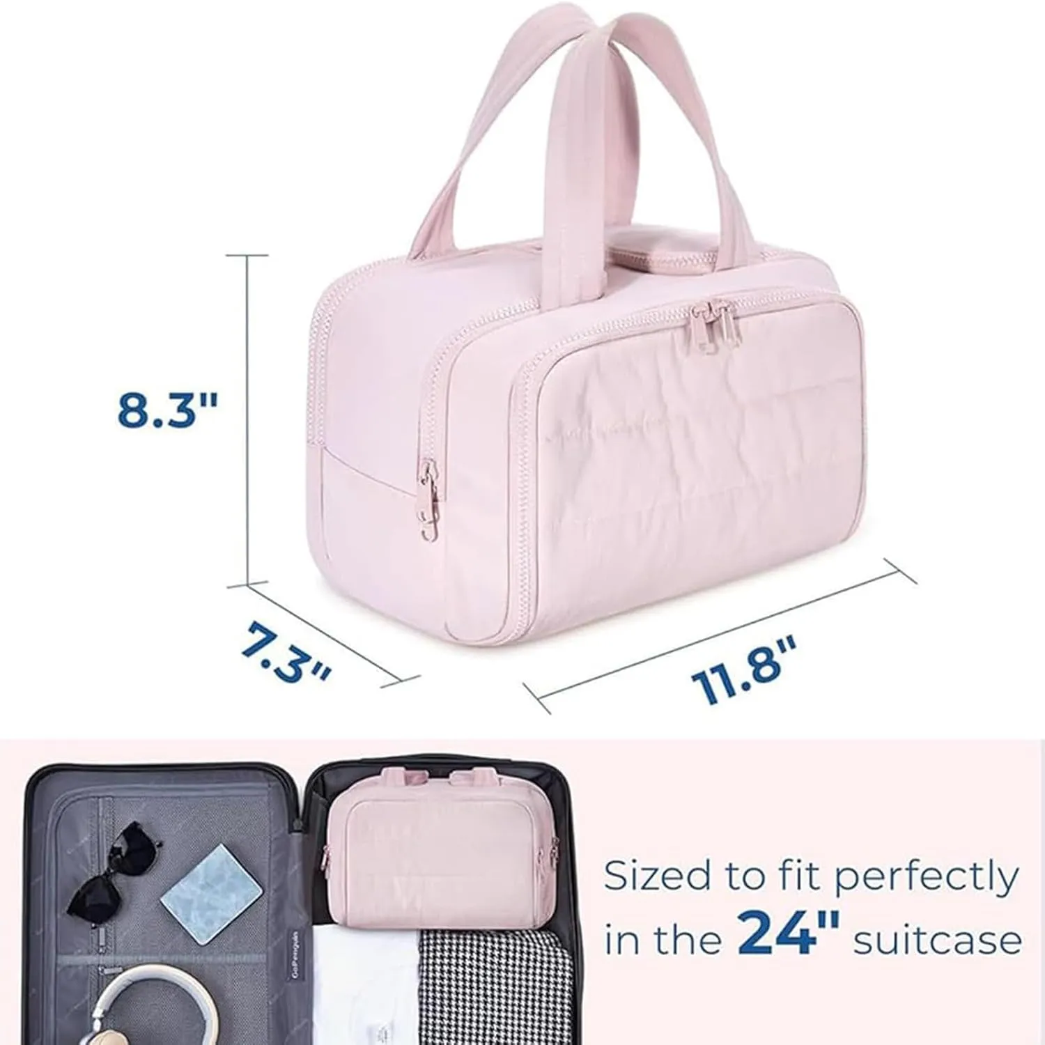 Decisive Makeup Bag, Elouva Toiletry Bag, Large Capacity Wide-Open Travel Cosmetic Bag, Lightweight Waterproof Puffer Storage Bag, Dry-and-Wet Separation with 4 Compartments for Easy Access (Blue)