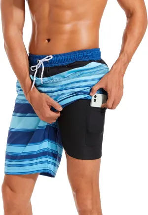 difficort Mens Swim Trunks with Compression Liner Quick Dry Bathing Suits Shorts with Zipper Pockets