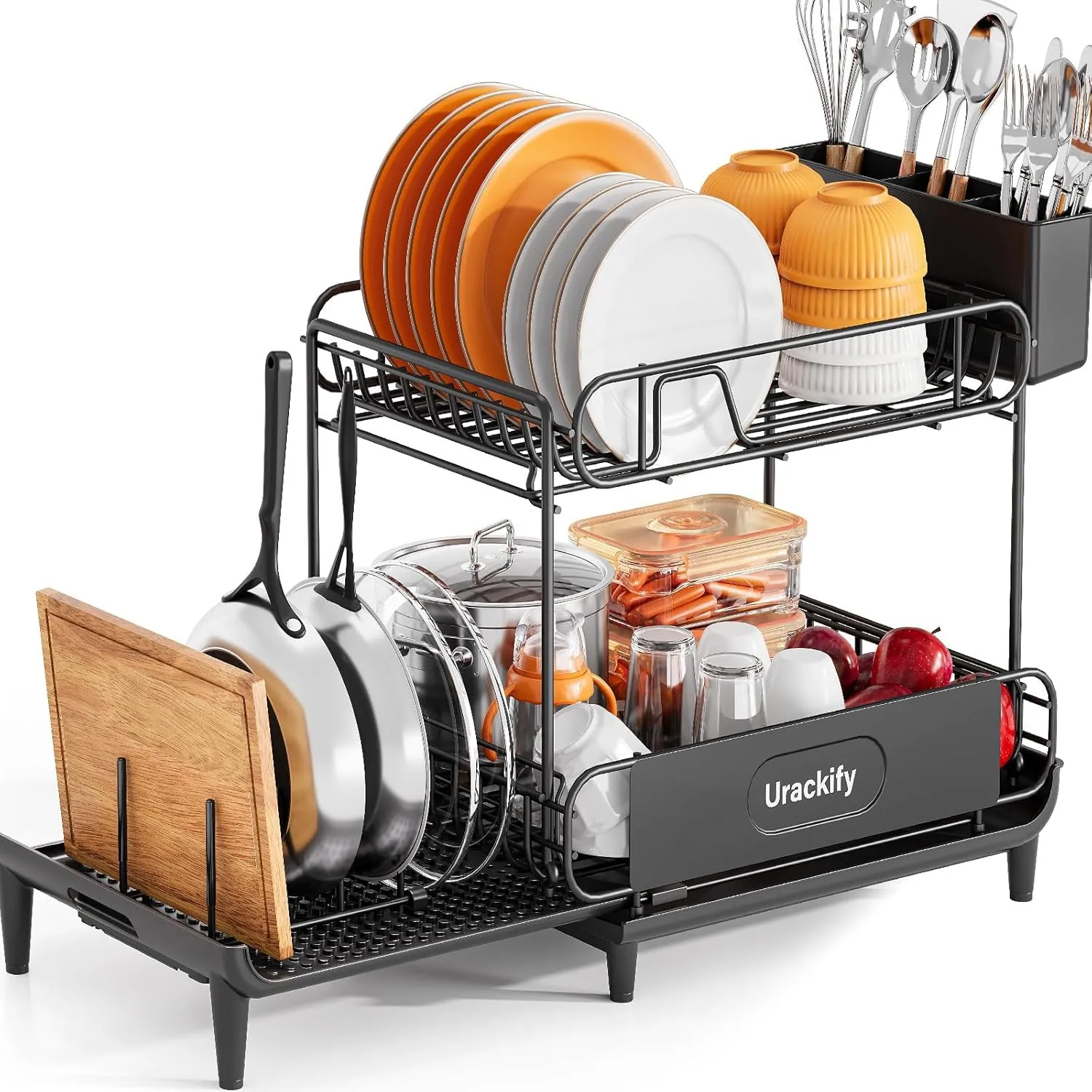 Dish Drying Rack for Kitchen Counter, Expandable 2 Tier Dish Rack, Large Capacity Dish Drainer with Drainboard Multifunctional Dish Strainer with Removable Cutlery Holder Black