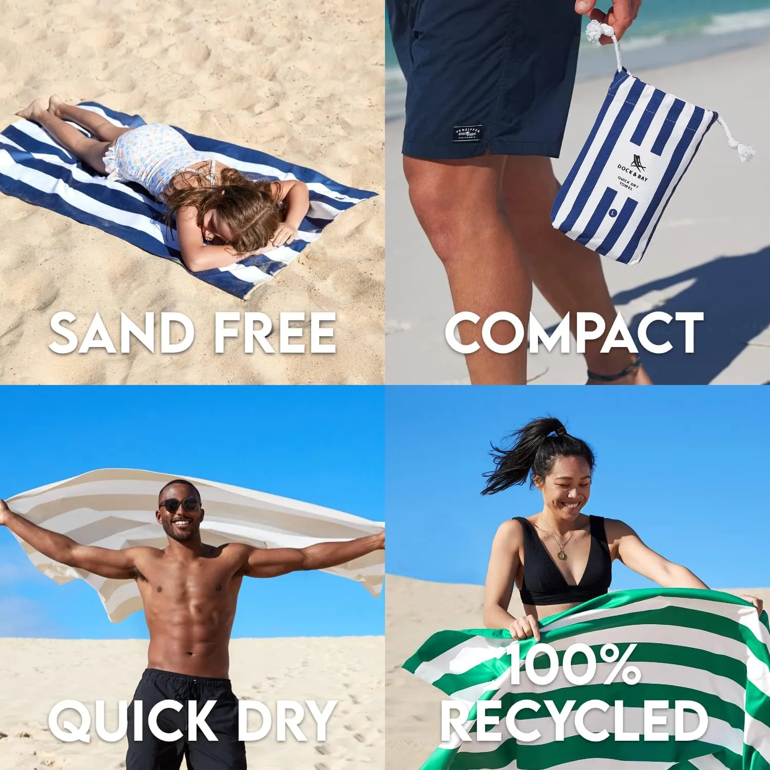 Dock & Bay Beach Towel - Quick Dry, Sand Free - Compact, Lightweight - 100% Recycled - Includes Bag - Cabana - Bondi Blue - Large (160x90cm, 63x35)