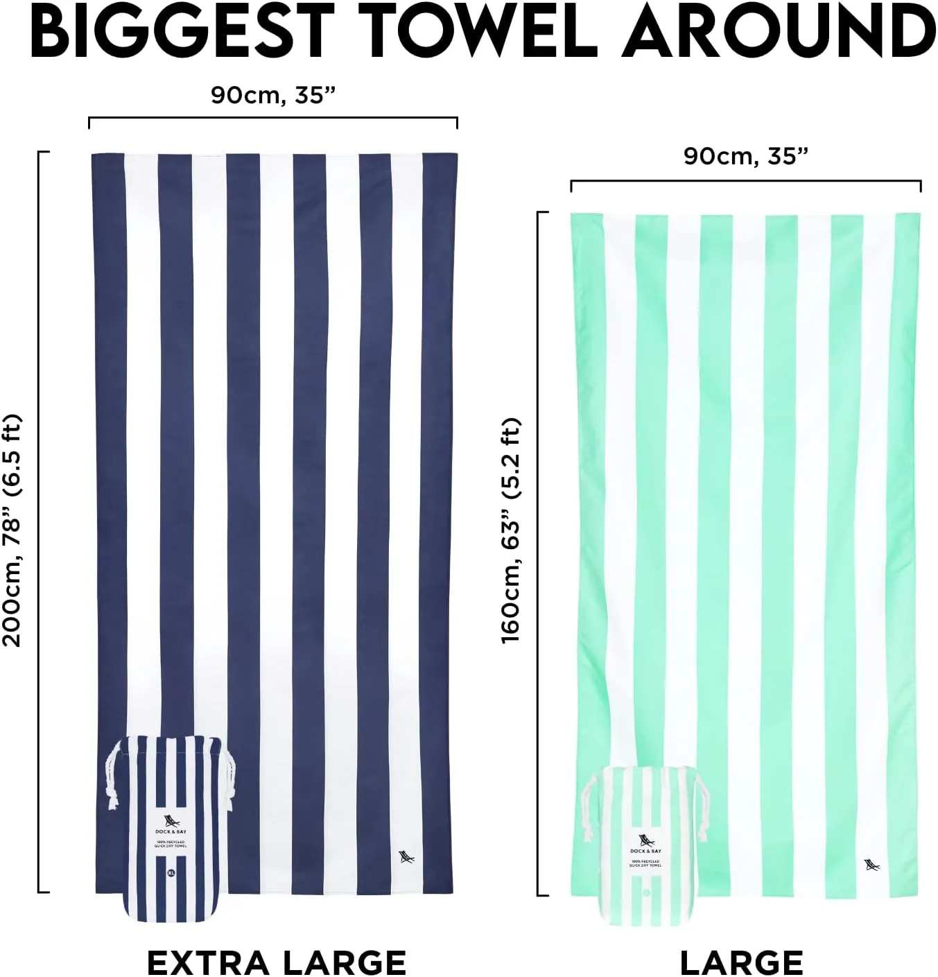 Dock & Bay Beach Towel - Quick Dry, Sand Free - Compact, Lightweight - 100% Recycled - Includes Bag - Cabana - Bondi Blue - Large (160x90cm, 63x35)