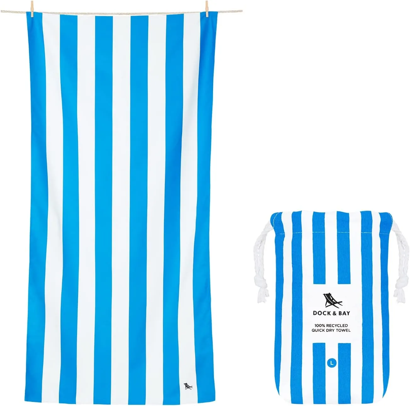 Dock & Bay Beach Towel - Quick Dry, Sand Free - Compact, Lightweight - 100% Recycled - Includes Bag - Cabana - Bondi Blue - Large (160x90cm, 63x35)