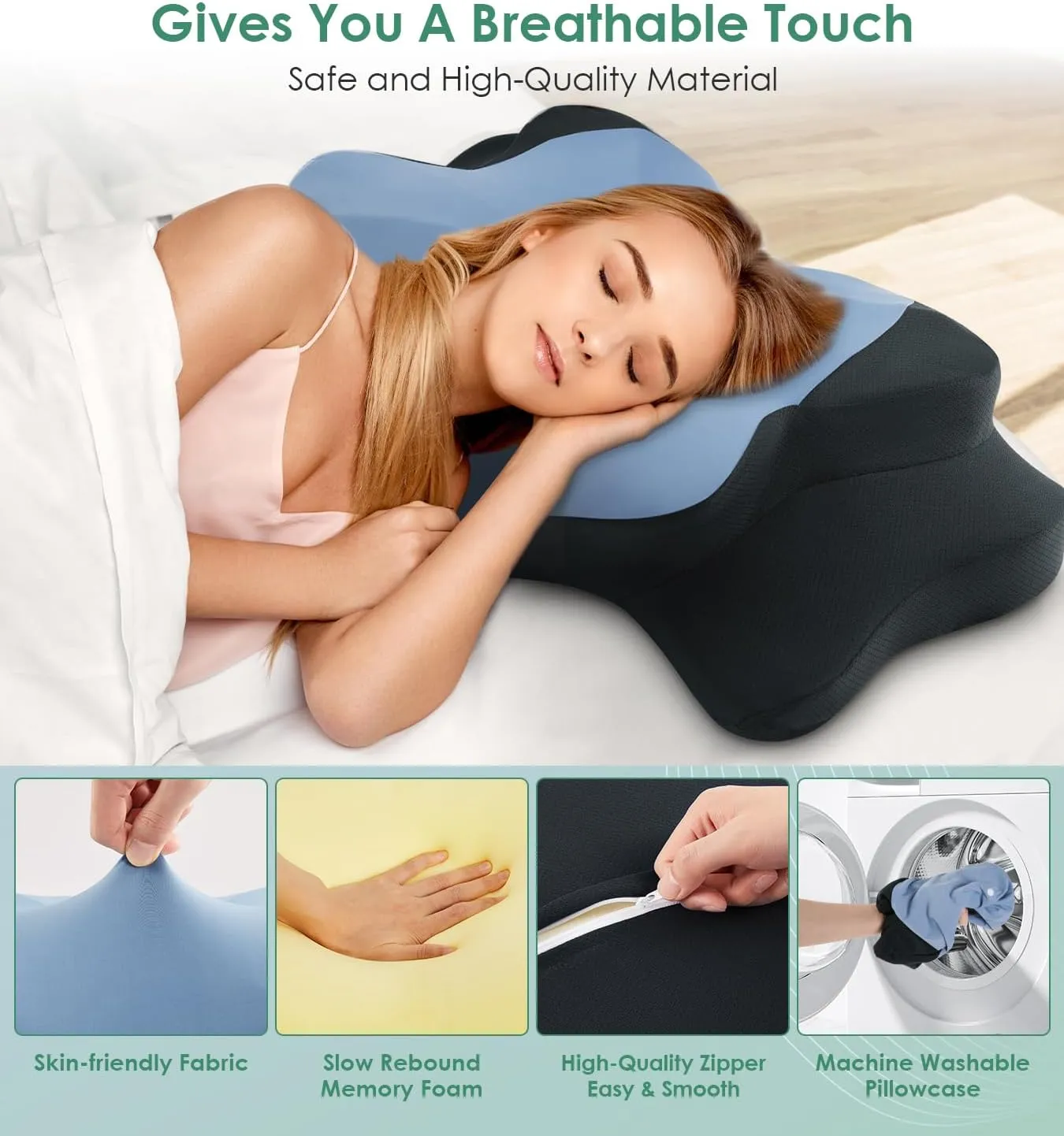 DONAMA Cervical Pillow for Sleeping, Contour Memory Foam Pillow for Neck and Shoulder Support, Ergonomic Neck Pillow for Side Back Stomach Sleepers, Bed Pillows with Cooling Silk Pillowcase