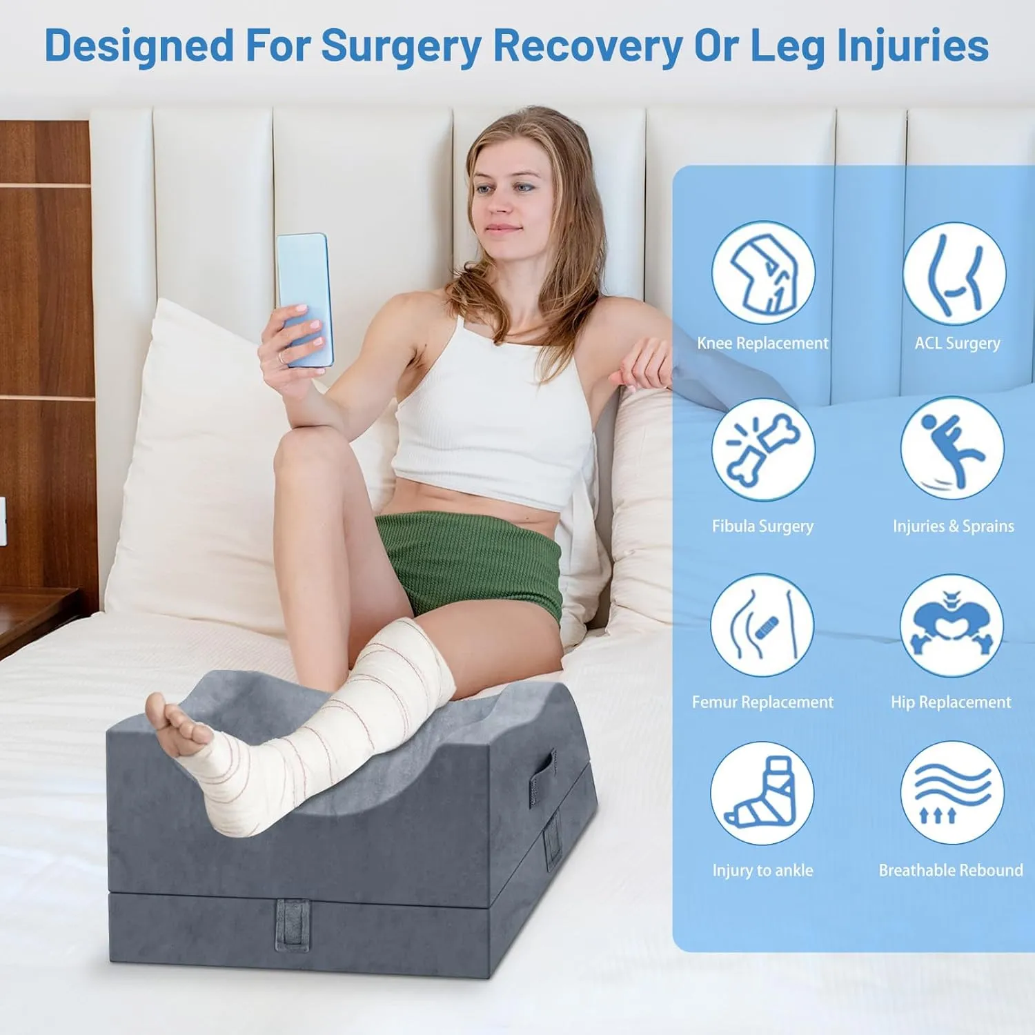 Double Leg Elevation Pillows, Wedge Pillow for After Surgery, Memory Foam Support Adjustable, Comfort Care for Back Knee Hip Ankles Pain, Knee Pillow for Sleeping Blood Circulation Grey