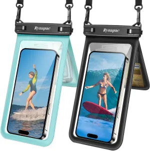 Double Space Waterproof Phone Pouch, 2 Pack Waterproof Phone Case with Lanyard for iPhone 15 Pro Max Galaxy S23 Pixel 7a up to 8.5’’, Cellphone Dry Bag for Beach Vacation (Black Green)
