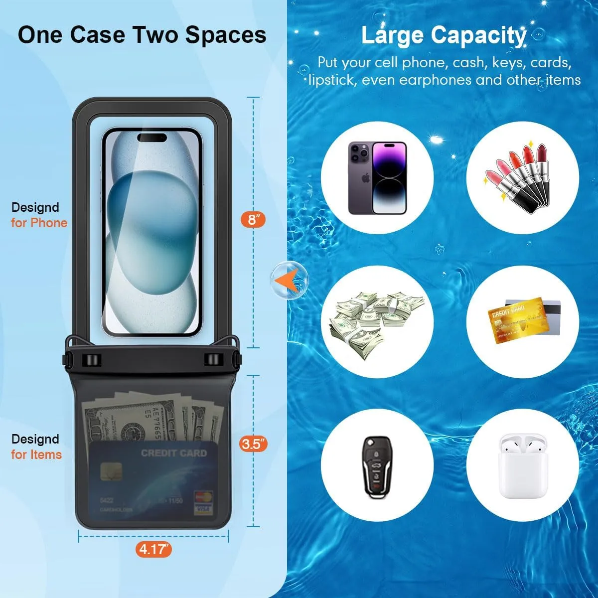 Double Space Waterproof Phone Pouch, 2 Pack Waterproof Phone Case with Lanyard for iPhone 15 Pro Max Galaxy S23 Pixel 7a up to 8.5’’, Cellphone Dry Bag for Beach Vacation (Black Green)